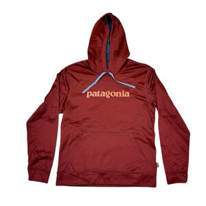 Patagonia Mens Red Maroon Sweater Hoodie Spell Out Medium Pullover
